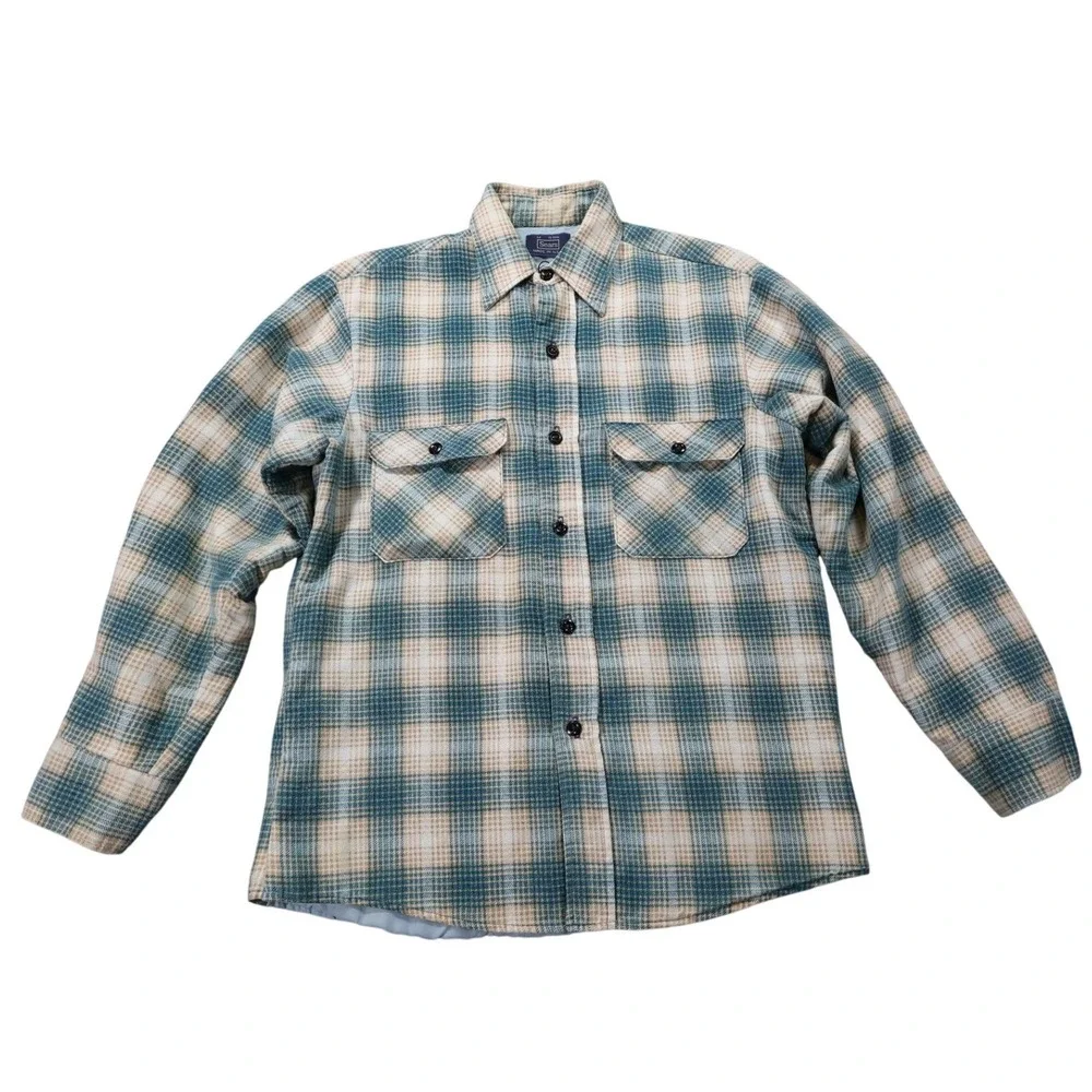 Sears Quilted Flannel Shirt Jacket Mens Medium Blue Plaid Excellent Vintage‎